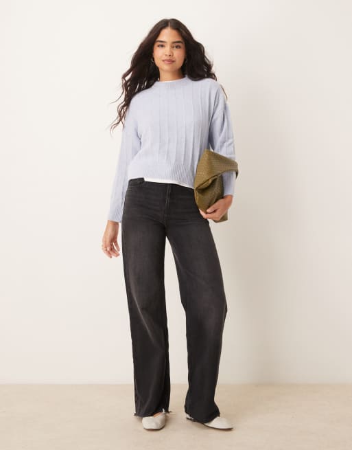 Mango wide ribbed round neck sweater in pale blue