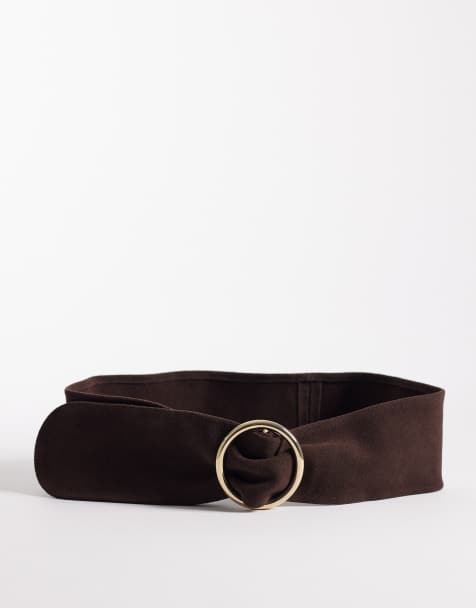 Mango wide suede belt with gold-tone hoop detail in brown - view 1
