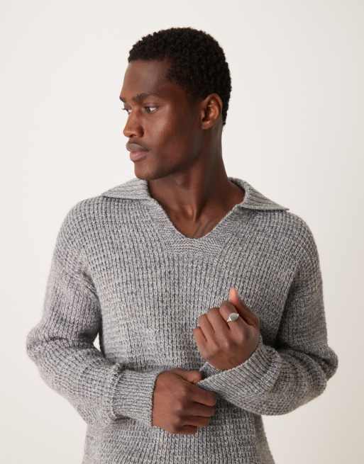 Mango wide v-neck collar chunky knit sweater in gray