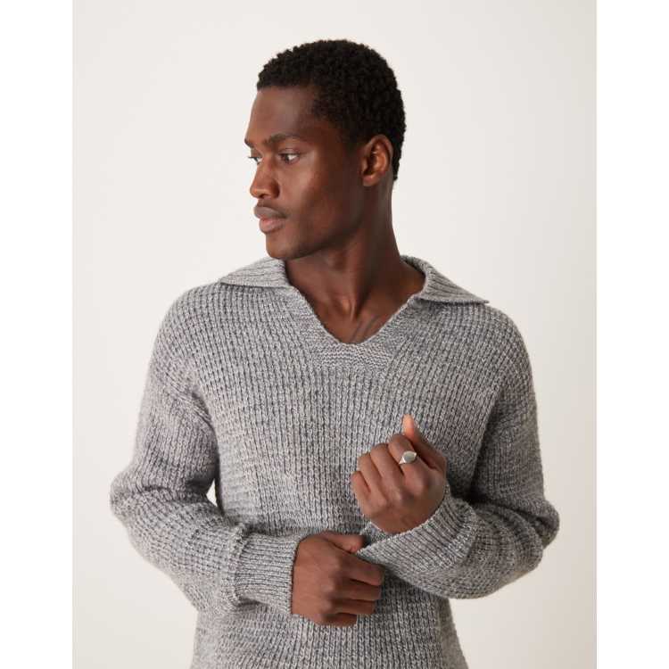 Mango wide v neck collar chunky knit sweater in grey ASOS