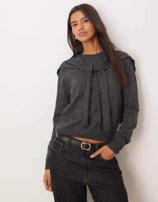 Mango - Wollmix-Pullover in Anthrazit mit abnehmbarem Overlay-Grau