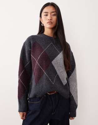 Mango - Wollmix-Pullover in Anthrazit mit Rautenmuster-Grau