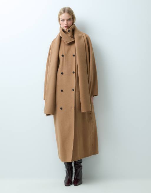 Mango Wollmix-Schaldetail langer taillierter Mantel in Beige, 2 von 4