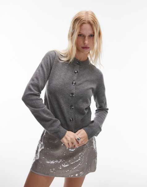 Mango – Wollmix-Strickjacke in Grau mit Rundhalsausschnitt und Knopfleiste - view 1