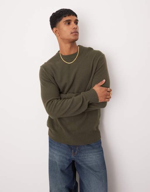 Mango – Wollpullover in Khaki mit normalem Schnitt und Rundhalsausschnitt