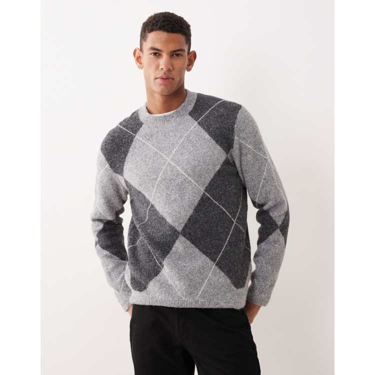 THE TOÉ Marien Argyle Knit gray Mango wool blend argyle sweater in gray | ASOS