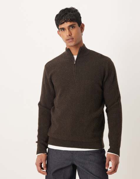 Mango wool blend quarter zip knit sweater in brown - view 1