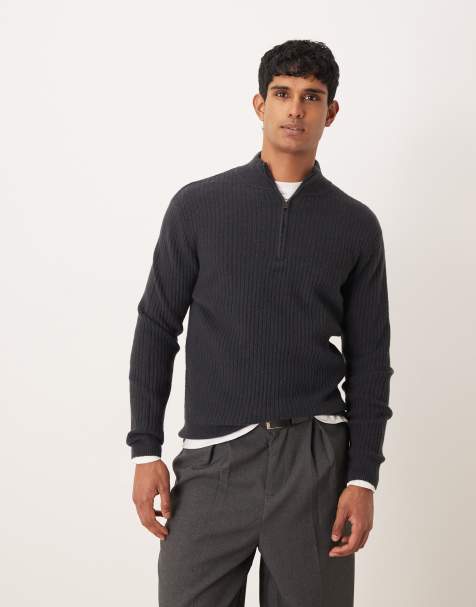 Mango wool blend quarter zip knitted jumper in blue - view 1