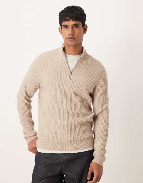 Mango wool blend quarter zip knitted jumper in oat - view 1