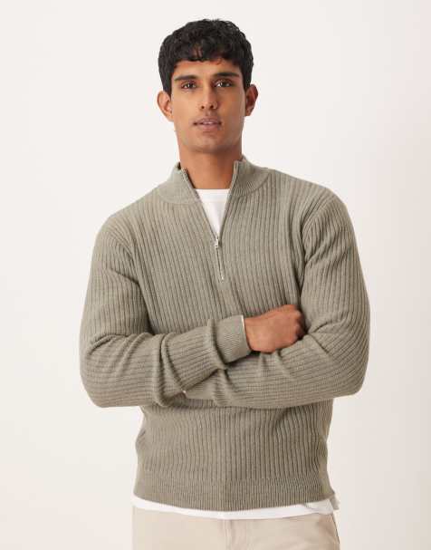 Mango wool blend quarter zip knitted jumper in sage green - view 1