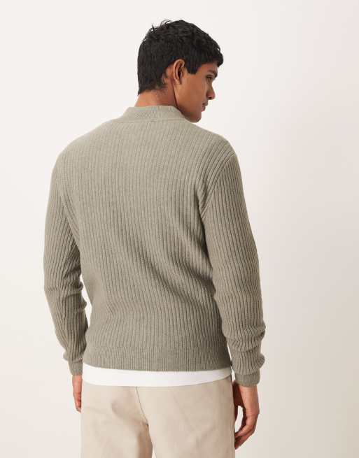 Mango wool blend quarter zip knitted sweater in sage green, 3 of 5