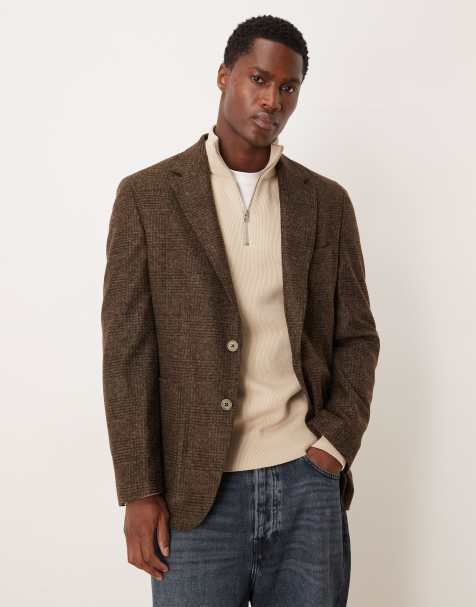 Mango wool blend tweed blazer in dark brown - view 1