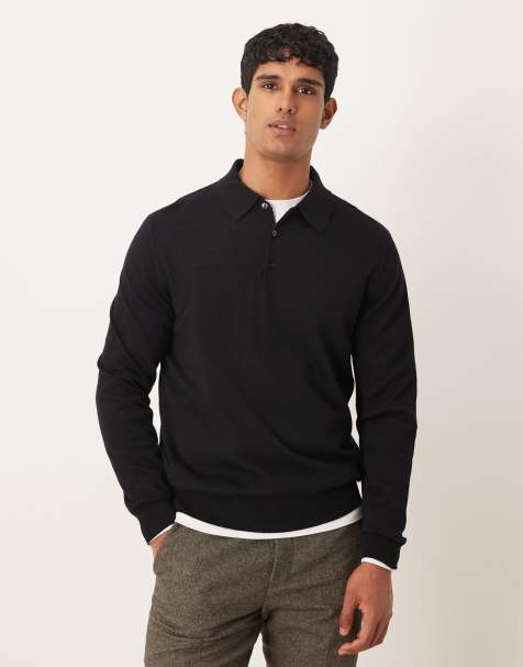 Mango wool button up long sleeve knit polo top in black - view 1