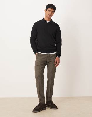 Mango Wool Button Up Long Sleeve Knit Polo Top In Black