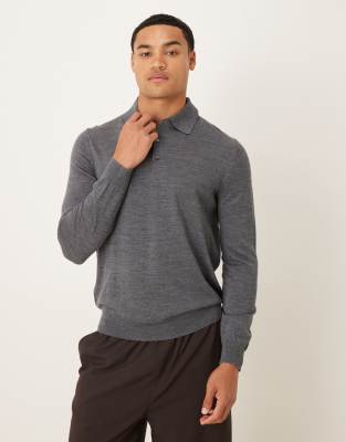 Mango Wool Button Up Long Sleeve Knit Polo Top In Gray