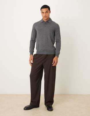 Mango Wool Button Up Long Sleeve Knit Polo Top In Gray