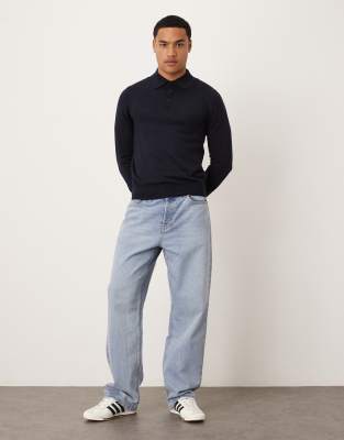 Mango Wool Button Up Long Sleeve Knit Polo Top In Blue