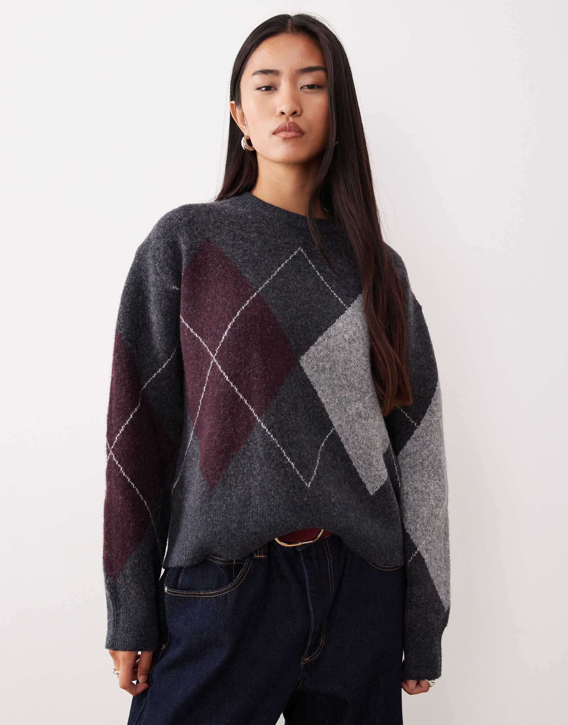 mango wool mix argyle sweater in charcoal