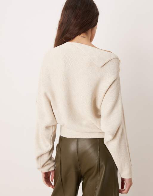 Mango wool mix asymmetric jumper with hardware detail in beige, 3 of 4