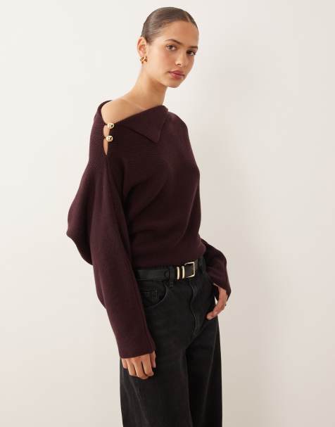 Mango wool mix asymmetric jumper with hardware detail in burgundy - view 1