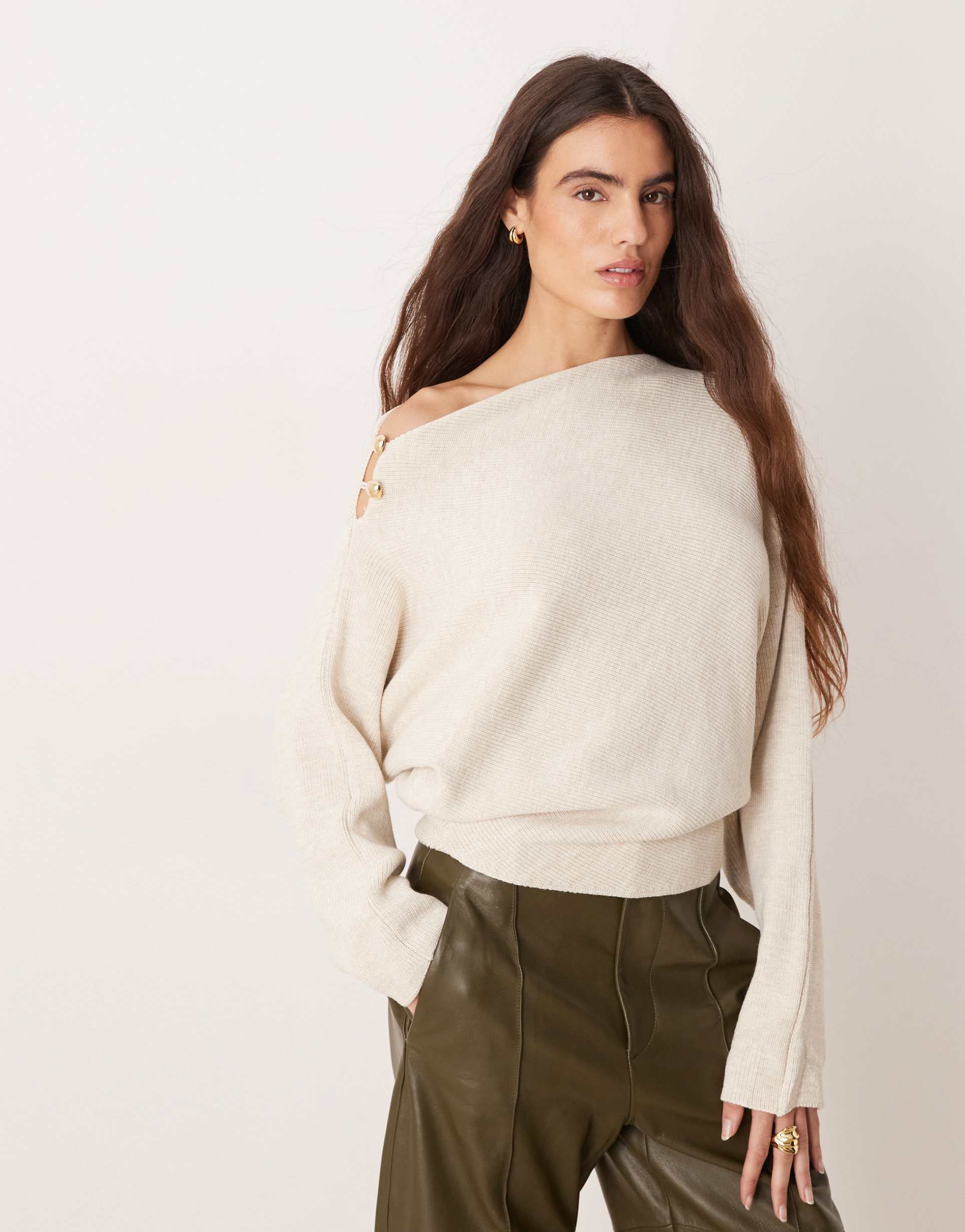 mango wool mix asymmetric sweater with hardware detail in beige