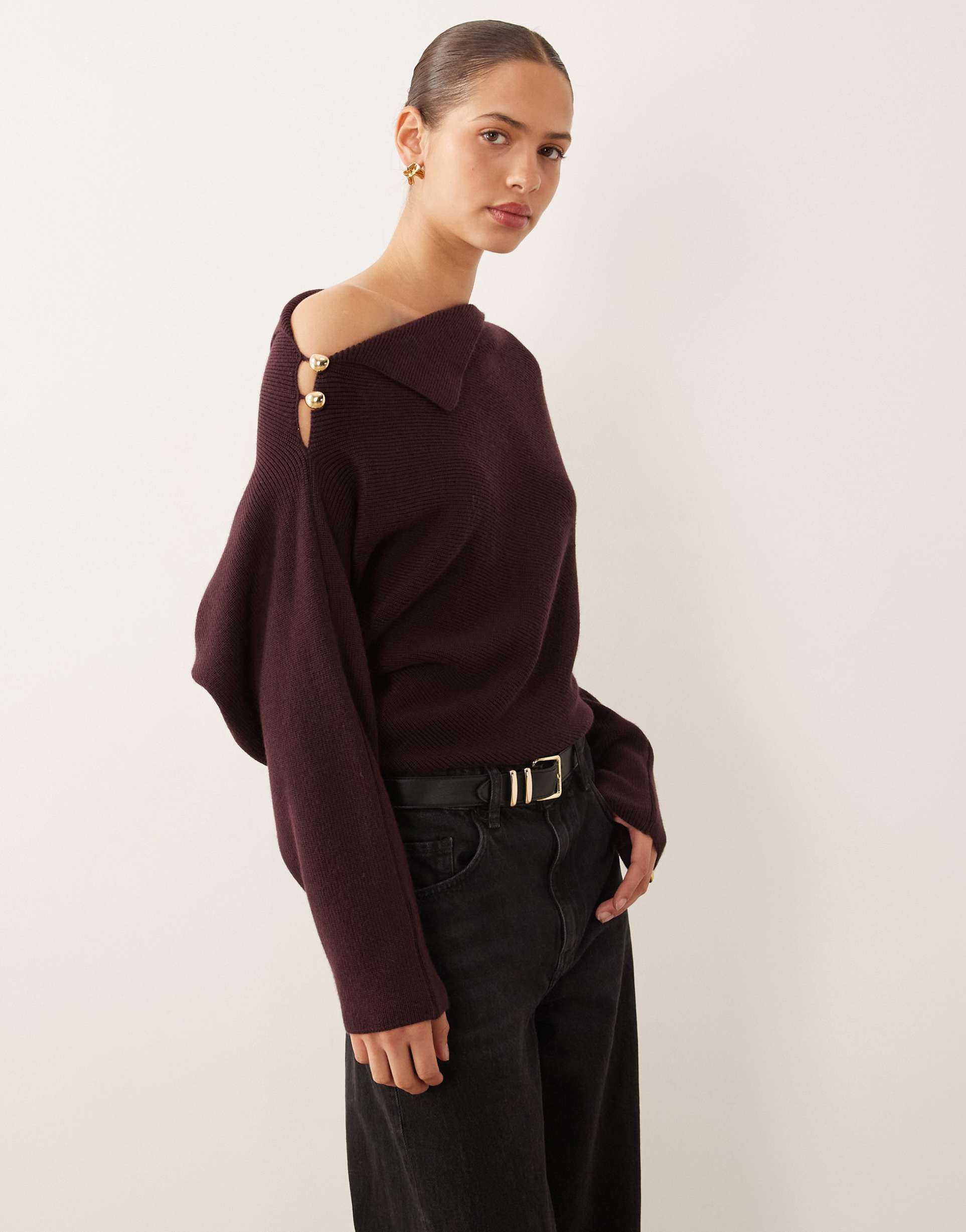 mango wool mix asymmetric sweater with hardware detailing in burgundy