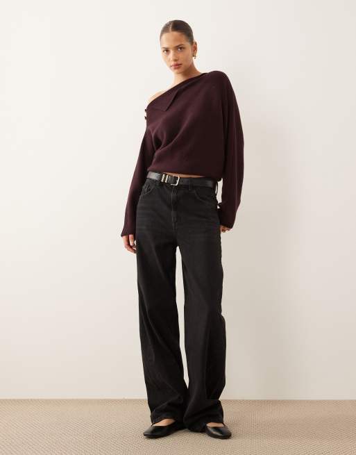 Mango wool mix asymmetric sweater with hardware detailing in burgundy