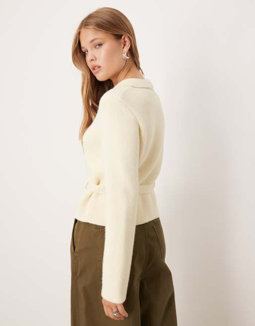 Mango wool mix belted cardigan in beige | ASOS