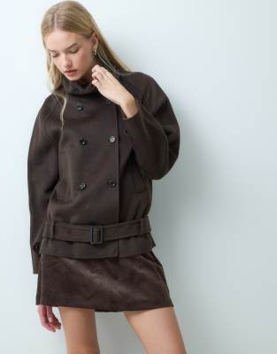 Mango Wool Mix Belted Funnel Neck Jacket In Brown