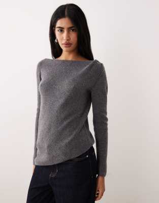 Mango Wool Mix Boat Neck Asymmetric Hem Knit Top In Gray