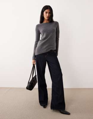 Mango Wool Mix Boat Neck Asymmetric Hem Knit Top In Gray