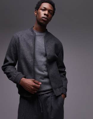 wool mix bomber jacket in charcoal-Gray