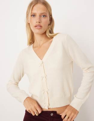 Mango Wool Mix Bow Detail Cardigan In White