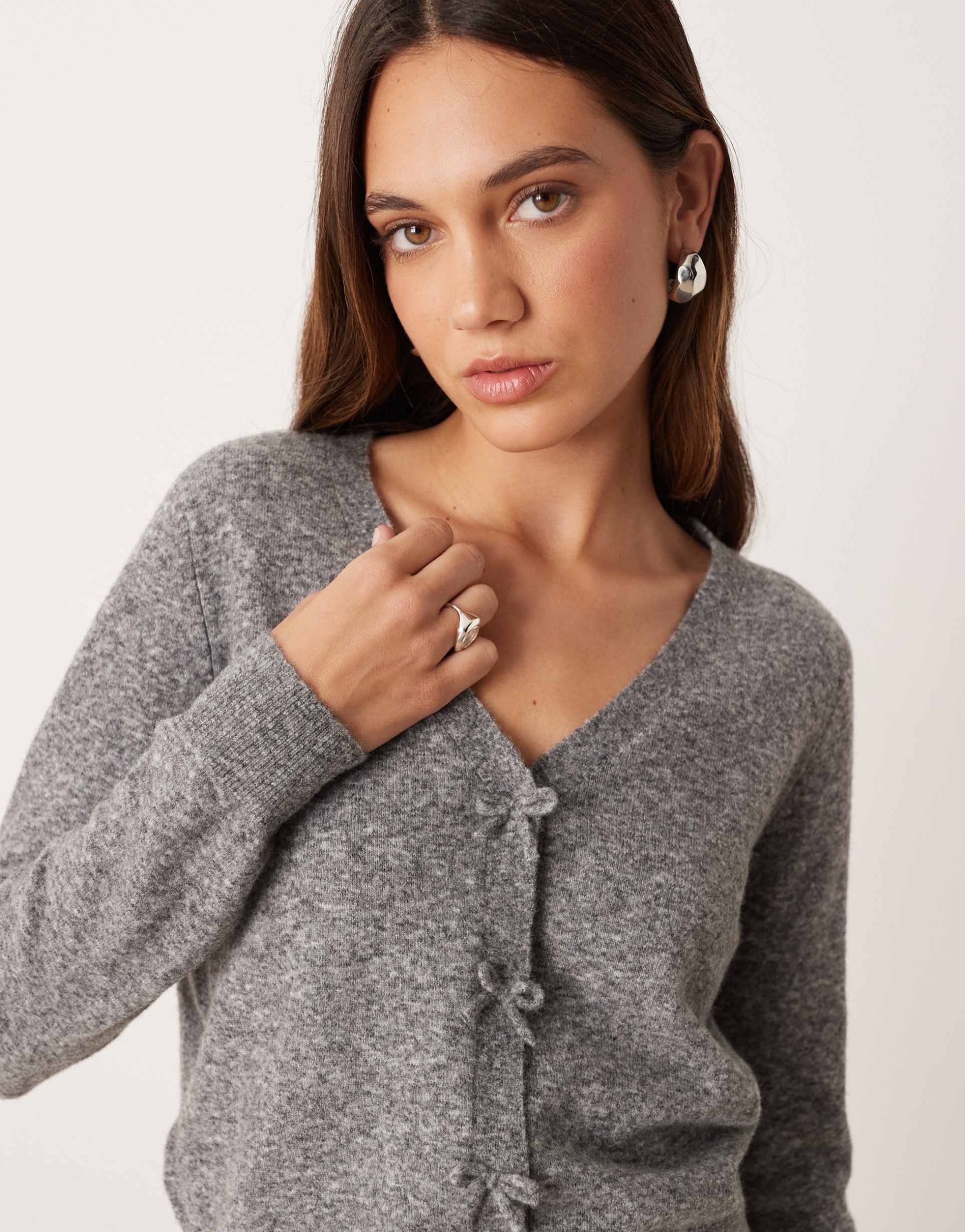 mango wool mix bow detail cardigan in gray