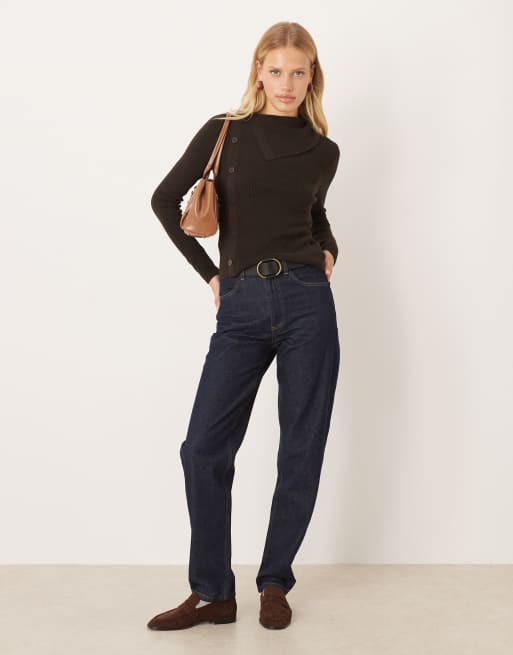 Mango wool mix button detail jumper in brown