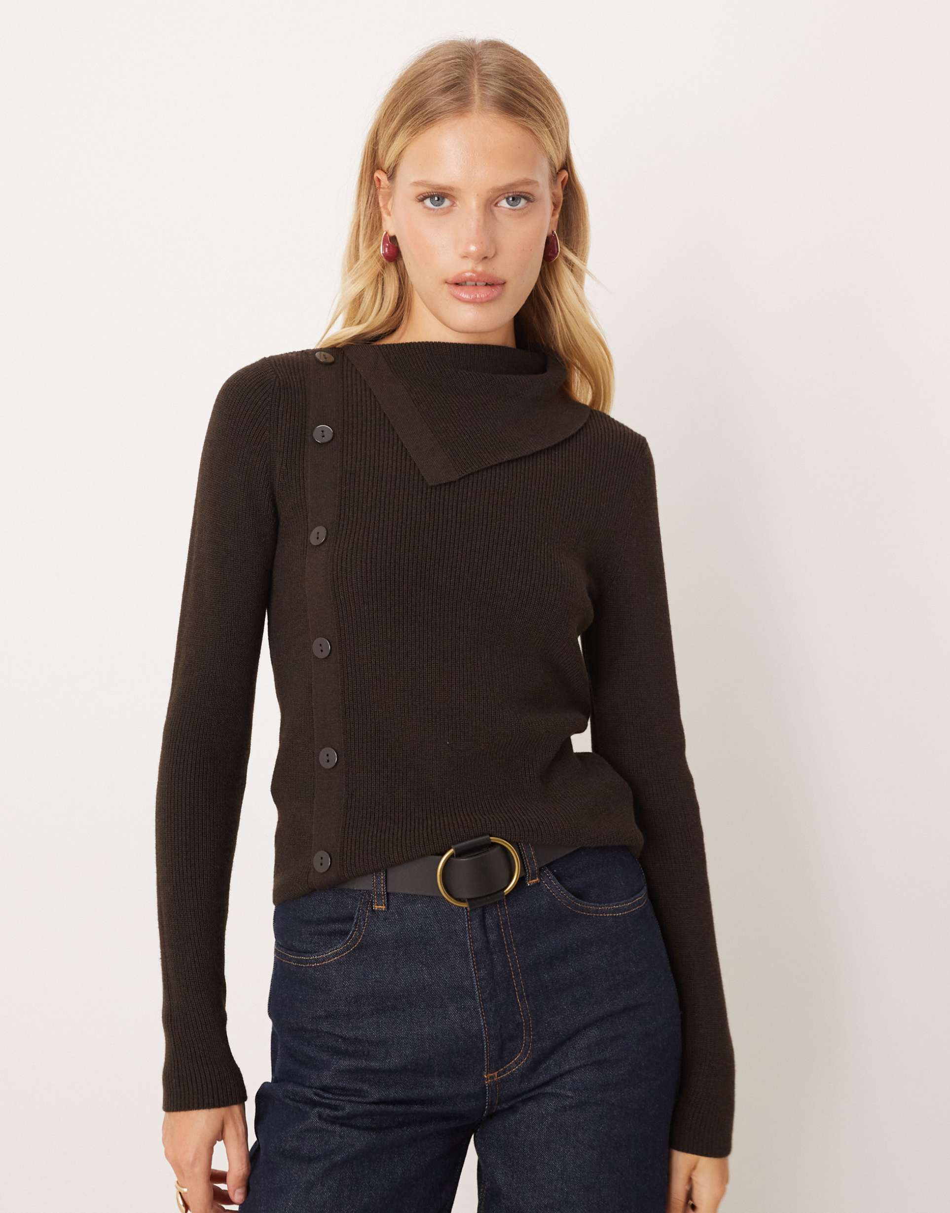 mango wool mix button detail sweater in brown