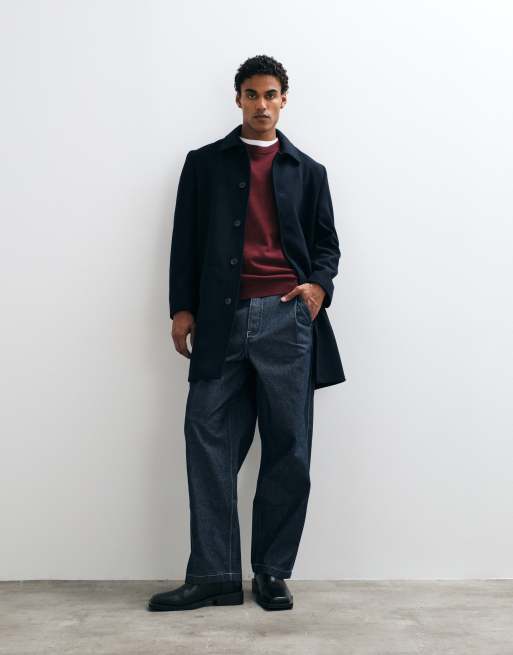 Mango wool mix button up collared tailored coat in navy, 2 of 5
