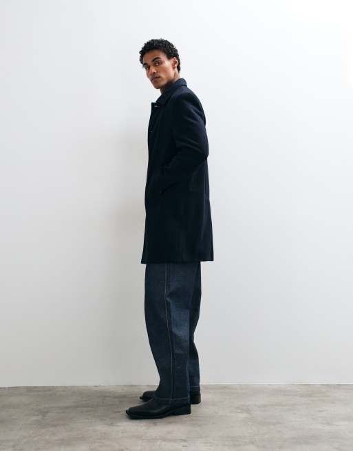Mango wool mix button up collared tailored coat in navy, 3 of 5