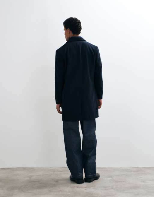 Mango wool mix button up collared tailored coat in navy, 4 of 5