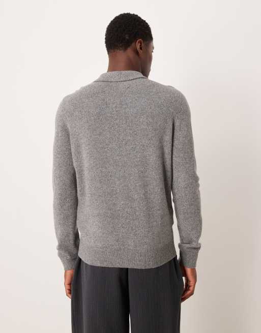Mango wool mix button up knitted polo in grey, 2 of 5