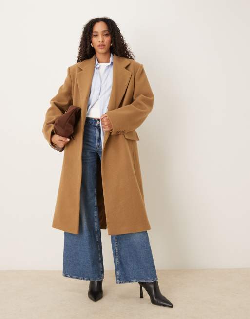 Mango wool mix Capsule statement shoulder tailored midi coat in tan