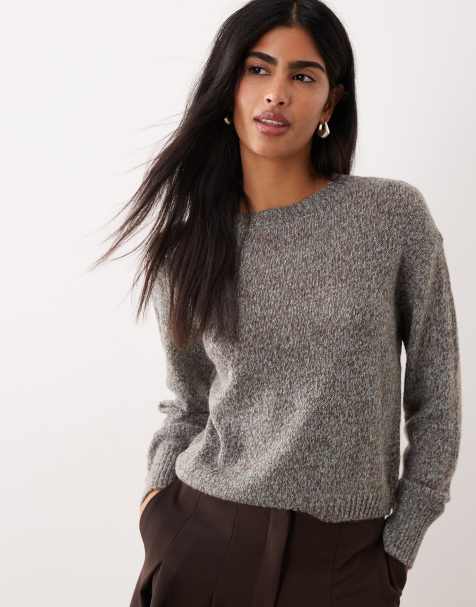 Mango wool mix crew neck jumper in brown and blue - view 1