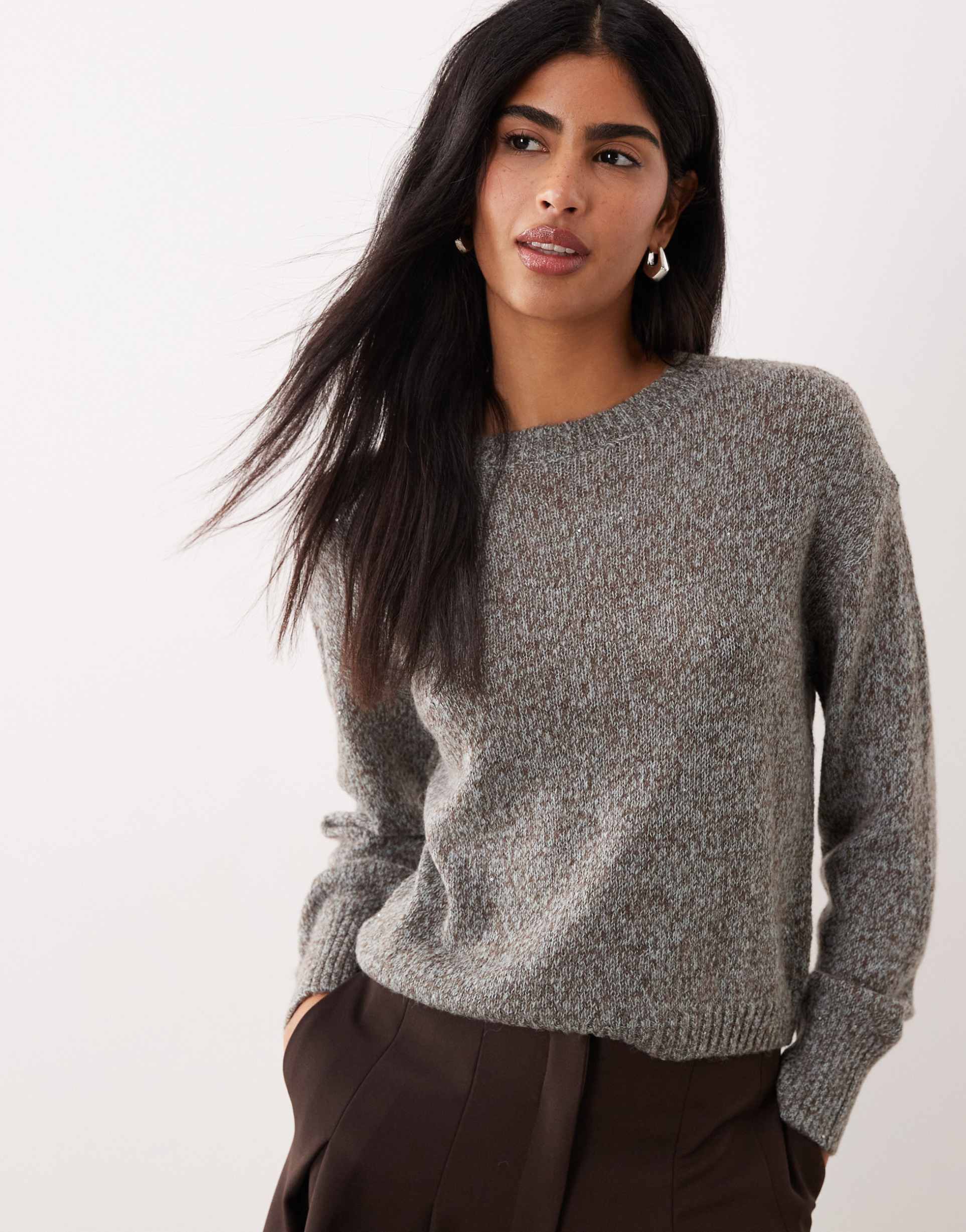 mango wool mix crew neck sweater in brown and blue