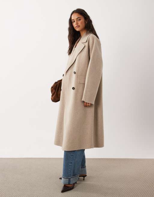 Mango wool mix double breasted midi coat in biege, 3 of 4
