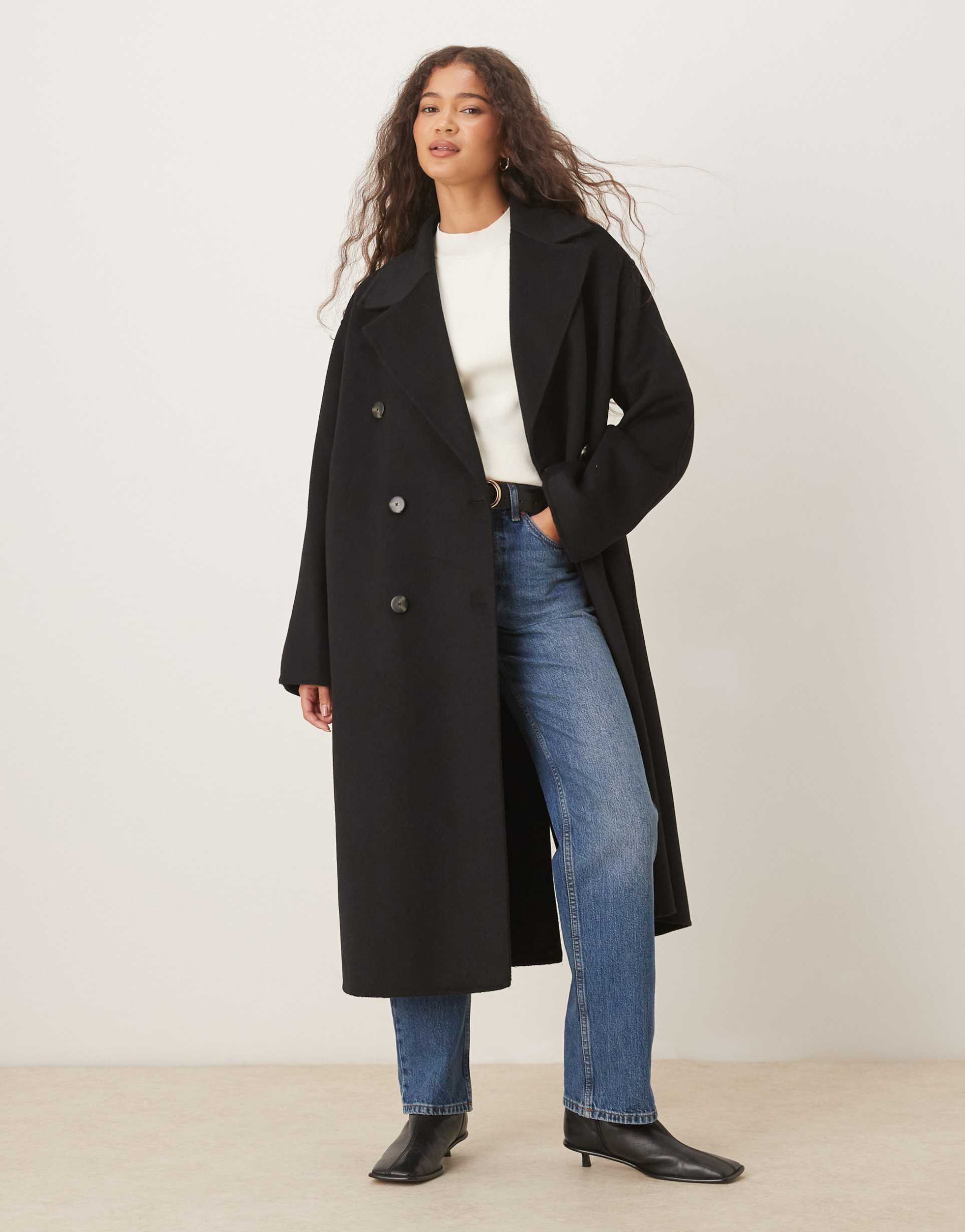 mango wool mix double breasted midi coat in black