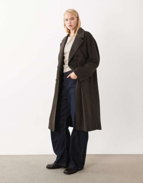 Mango wool mix double breasted midi coat in brown check - view 1