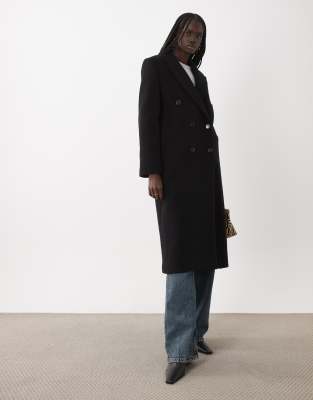 Mango wool mix double breasted statement tailored coat in black | ASOS