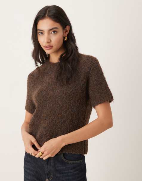 Mango wool mix fluffy short sleeve knitted top in brown