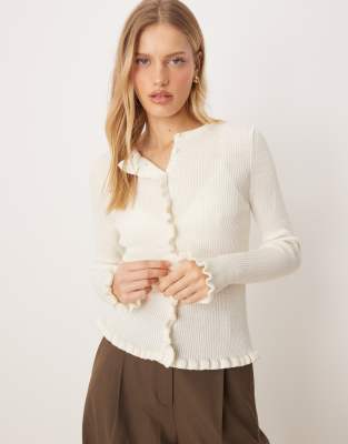 Mango Wool Mix Frill Edge Cardigan In Neutral