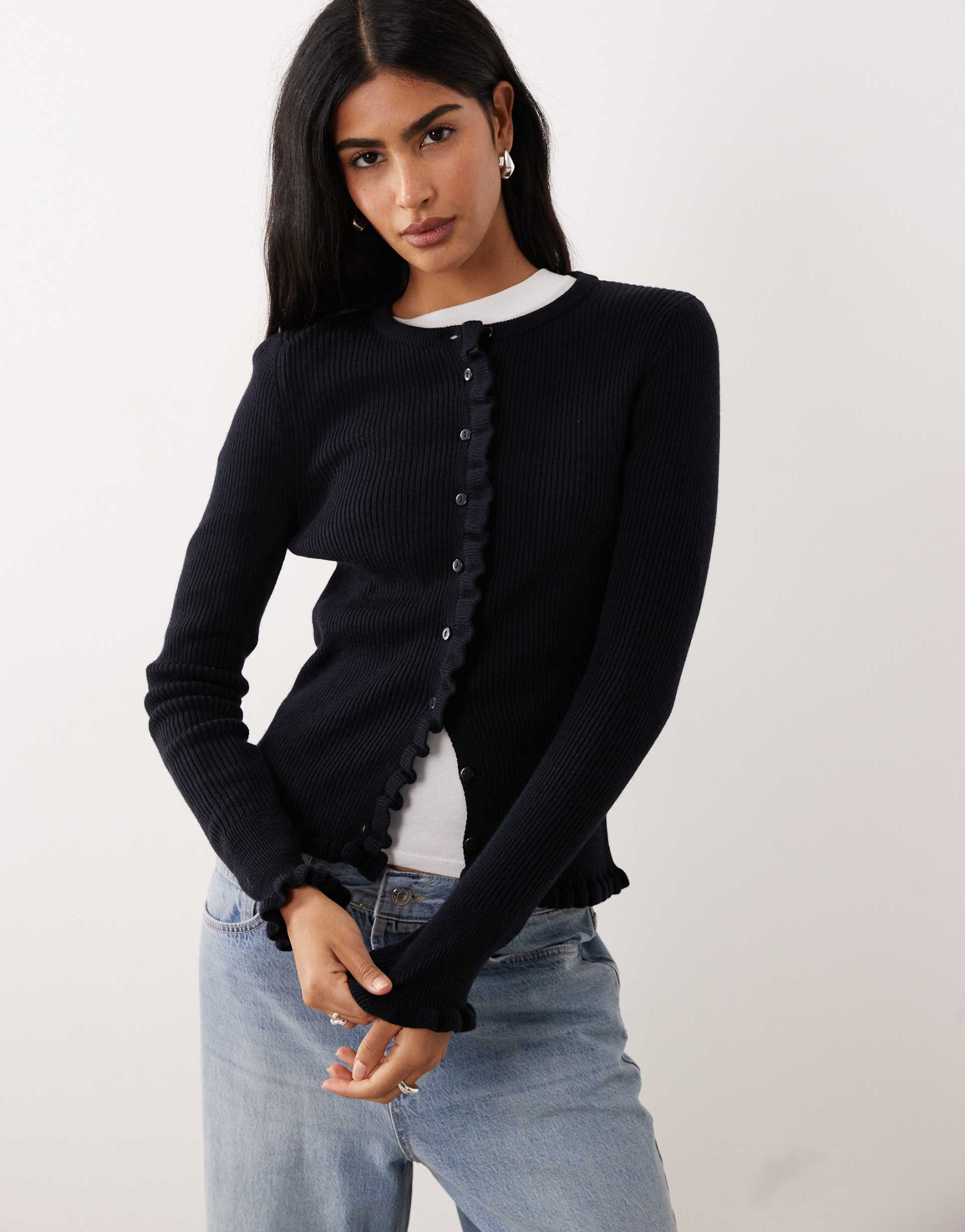 mango wool mix frill edge cardigan in navy